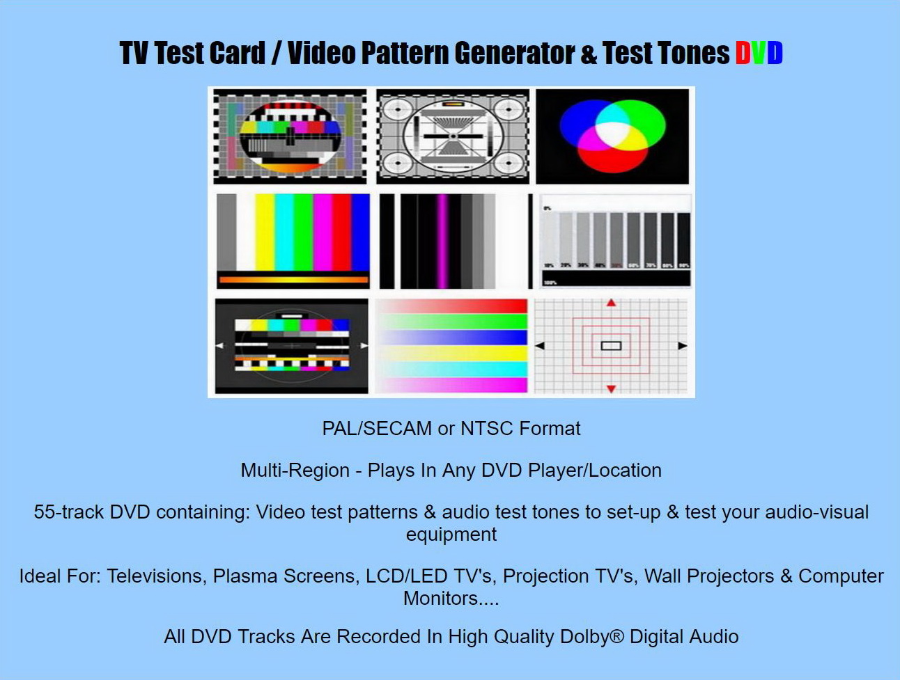 TV Test Card / Video Pattern Generator & Test Tones DVD AV Systems PAL